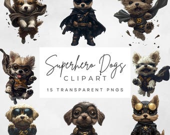 Superhero Dogs Clipart: 16 PNG Designs for Print on Demand