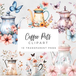Puede incluir: Un conjunto de 10 ilustraciones de acuarela de cafeteras con detalles florales y mariposas. Las cafeteras son de varios estilos y colores, incluyendo azul, rosa y amarillo. Las ilustraciones son perfectas para agregar un toque de encanto vintage a tus diseños.