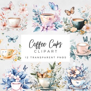 Kaffeetasse Clipart Set - 12 Blumendesigns für Kaffeeliebhaber, Einladungen & Print on Demand Produkte