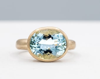 Large Aquamarine Engagement Ring in Yellow Gold, Large Oval Aquamarine Ring,  East West Aquamarine Ring in Yellow Gold