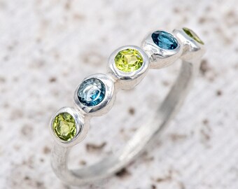 Blue Topaz and Peridot Ring, Five Stone Ring, Blue and Green anniversary band, Handmade Jewelry from New England