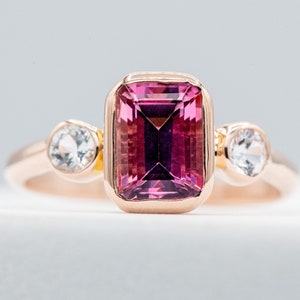 Pink Tourmaline and White Sapphire Ring 14k Rose Gold Tourmaline Ring Emerald Cut Tourmaline Engagement Ring image 3