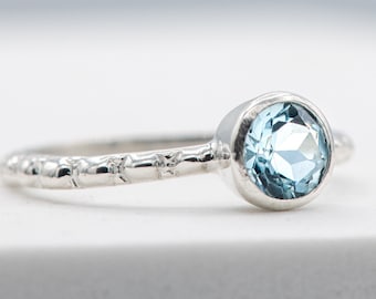 Round Aquamarine Ring, Ocean Blue Gemstone Ring, March Birthstone Ring, Handmade Engagement Rings from New England