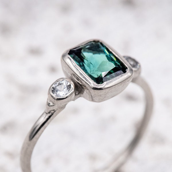 Green Tourmaline Ring, Emerald White Gold Engagement Ring