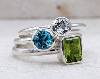 Peridot and Swiss Blue Topaz Gemstones Stacking Rings  in Sterling Silver