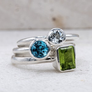 Peridot and Swiss Blue Topaz Gemstones Stacking Rings  in Sterling Silver