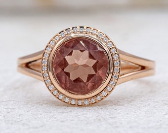 Handmade Sunstone Engagement Ring, Diamond Halo Ring, Diamond Engagement Ring, 14k Rose Gold Sunstone Ring, Handmade Jewelry from NH