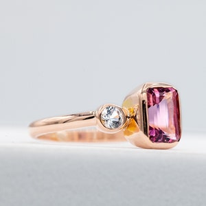 Pink Tourmaline and White Sapphire Ring 14k Rose Gold Tourmaline Ring Emerald Cut Tourmaline Engagement Ring image 1