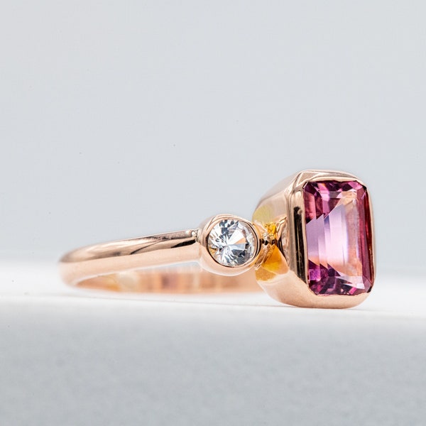 Pink Tourmaline and White Sapphire Ring | 14k Rose Gold Tourmaline Ring | Emerald Cut Tourmaline Engagement Ring