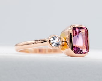 Pink Tourmaline and White Sapphire Ring | 14k Rose Gold Tourmaline Ring | Emerald Cut Tourmaline Engagement Ring