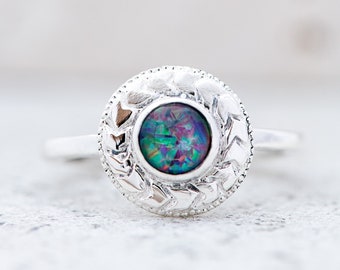 Australian Fire Opal  Ring in 925 Sterling Silver Ring, Recycled Eco Round Opal Jewelry, Geometric Architectural Solitaire Statement Ring