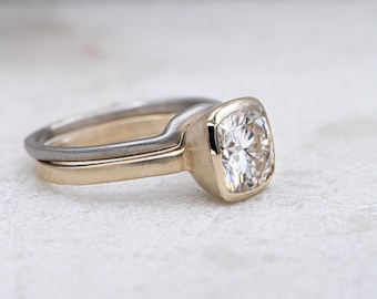 Moissanite Engagement Ring, 6mm Cushion Shaped Wedding Ring Set, Low Profile Wedding Bands in Yellow Gold and Palladium