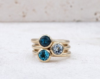 Blue Topaz Stacking Ring Set, Blue Topaz Gold Ring, 14k Yellow Gold Blue Topaz Ring Set, Blue Topaz Stackable Rings