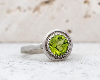 Round Peridot Milgrain Ring in Sterling Silver, Handmade Peridot Gemstone Engagement Ring