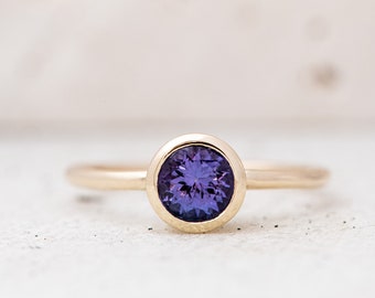 Round Tanzanite Yellow Gold Ring, Purple Gemstone Ring, Blue Tanzanite Ring