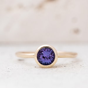 Round Tanzanite Yellow Gold Ring, Purple Gemstone Ring, Blue Tanzanite Ring