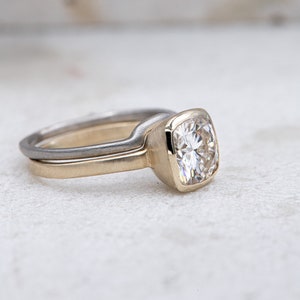 Moissanite Engagement Ring, 6mm Cushion Shaped Wedding Ring Set, Low Profile Wedding Bands in Yellow Gold and Palladium