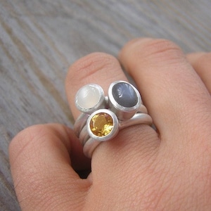 Moonstone Stacking Ring Set, Set of Three Rings Features Gray Moonstone Rings and Round White Moonstone Ring, Gold Citrine Nesting Rings image 2