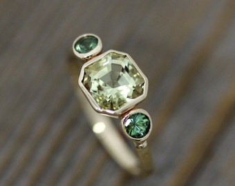 Asscher Cut Beryl and Green Tourmaline Ring in 14k Yellow Gold, Three Stone Ring