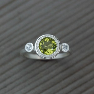 Multistone August Birthstone Ring, Gemstone Halo Ring, White Sapphire Ring, Green Peridot Ring, Eco Silver Milgrain Ring, 3 stone Ring