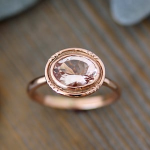 Oval Morganite 14k Rose Gold Engagement Ring, Vintage Halo Ring in Recycled Rose Gold, Oval Handmade Engagement Ring, Vintage Milgrain