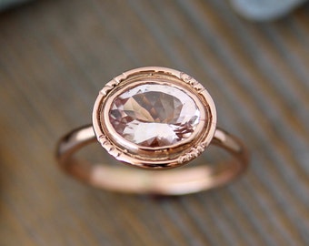 Oval Morganite 14k Rose Gold Engagement Ring, Vintage Halo Ring in Recycled Rose Gold, Oval Handmade Engagement Ring, Vintage Milgrain