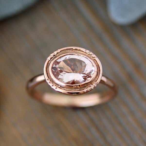 Oval Morganite 14k Rose Gold Engagement Ring, Vintage Halo Ring in Recycled Rose Gold, Oval Handmade Engagement Ring, Vintage Milgrain