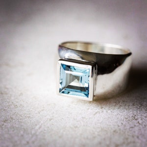 Handmade  Sky Blue Topaz Ring,  Wide Band Princess Cut  Chunky Ring