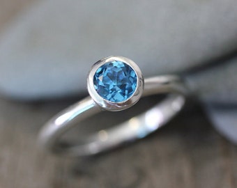 London Blue Topaz Ring, Round Solitaire Stacking Ring, Artisan Made December Birthstone Jewelry