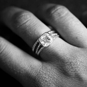 Cushion White Topaz Ring, Clear Stone Split Shank, Silver Rope Band Ring, Rapunzel Ring, Bezel Set Topaz Gemstone Ring, Cushion Cut Ring image 4