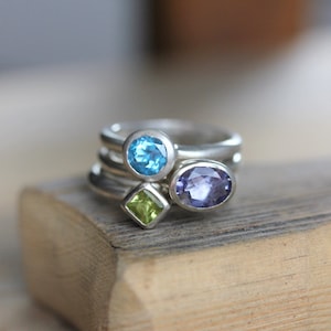 Nesting Rings In Oval Iolite, Princess Cut Peridot Ring and Swiss Blue Topaz, Stacking Ring Set image 1