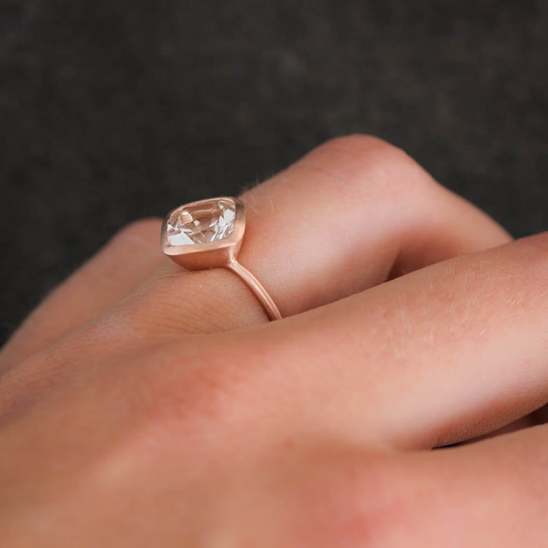 White Topaz Cushion Cut Ring, Diagonal Gemstone Ring in Eco Friendly Brushed Recycled Rose Gold Solitaire Ring image 4