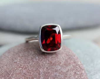 Cushion Garnet Ring, Sterling Silver Solitaire, January Birthstone