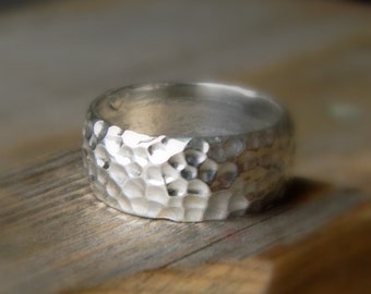 Handmade Sterling Silver Hammered Band, Wide Comfort Fit Band in Recycled Silver