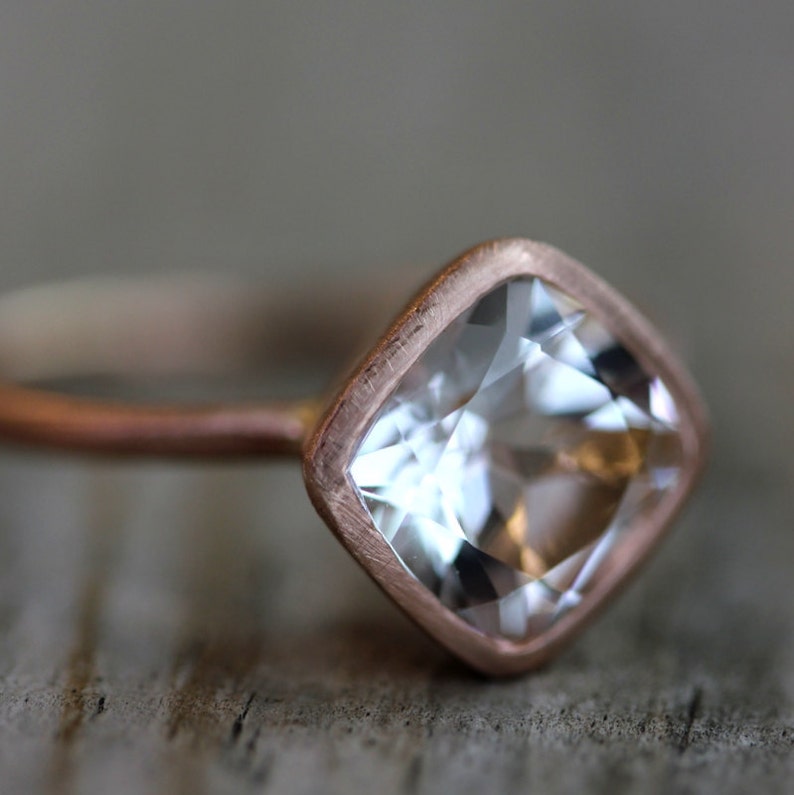 White Topaz Cushion Cut Ring, Diagonal Gemstone Ring in Eco Friendly Brushed Recycled Rose Gold Solitaire Ring image 3