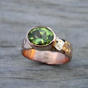 Handmade Peridot Ring, Rose Gold, Hammered Band, August Birthstone