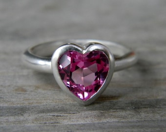 Anillo de topacio en forma de CORAZÓN rosa, anillo de promesa o anillo de compromiso de piedra rosa, joyería ecológica reciclada