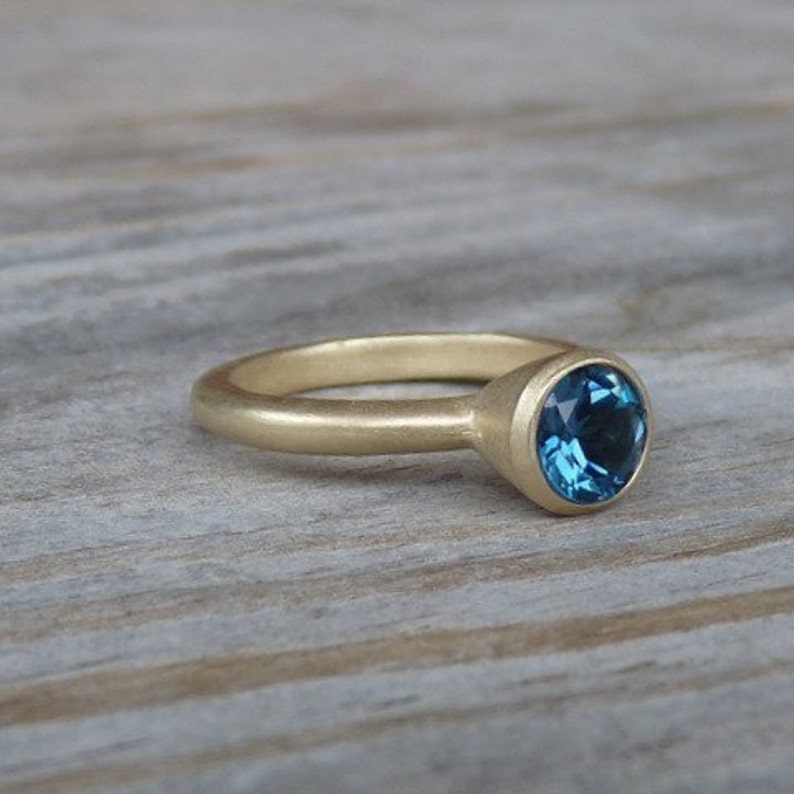 London Blue Topaz and 14k Matte Gold Ring, Solitaire or Stacking ring, Made To Order Gemstone Ring image 2