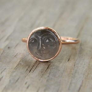 Handmade Black Moonstone Smiling Face Ring: 14k Rose Gold Bezel