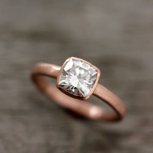 Handmade Cushion Moissanite Ring – 14k Rose Gold Bezel Set Ethical Diamond Alternative Engagement Ring