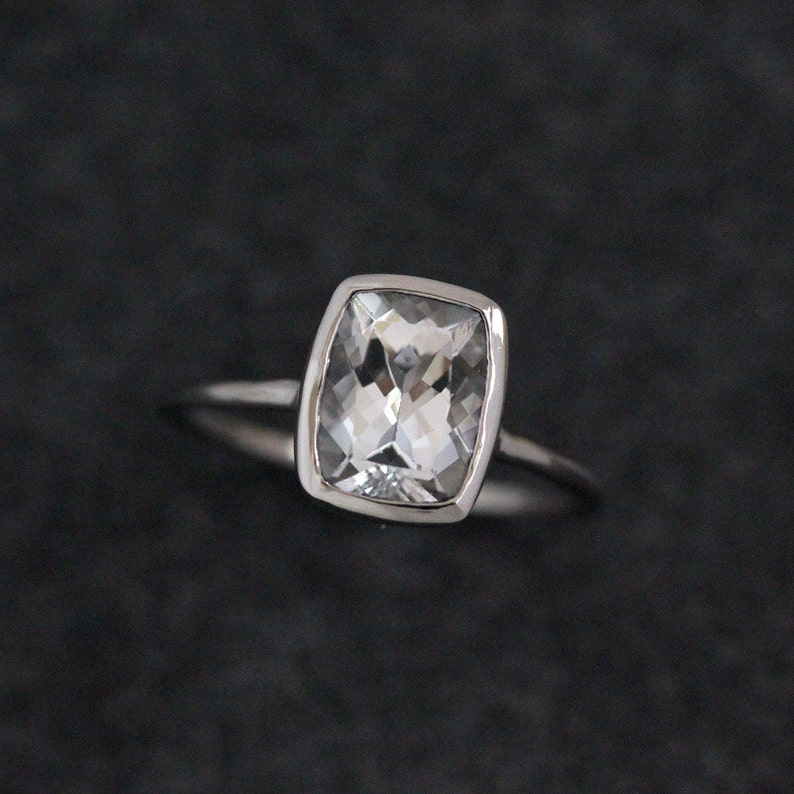 Handmade White Topaz Engagement Ring, Unique Engagement Ring, 9mm x 7mm Cushion Shaped Ring, Ethical Jewelry Designer image 1