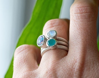 Handmade Fire Opal, Chalcedony and Moonstone Rings, Stacking Ring Set Silver, Australia Ring Set, Rainbow Stacking Set