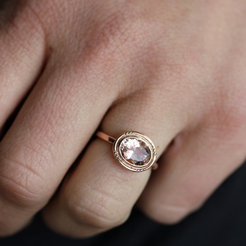 Oval Morganite 14k Rose Gold Engagement Ring, Vintage Halo Ring in Recycled Rose Gold, Oval Handmade Engagement Ring, Vintage Milgrain image 2