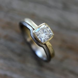 Moissanite Engagement Ring, 6mm Cushion Shaped Wedding Ring Set, Low Profile Wedding Bands in Yellow Gold and Palladium image 3