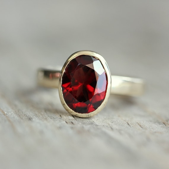 Handmade Oval Red Garnet Ring in 14k Yellow Gold Bezel Setting