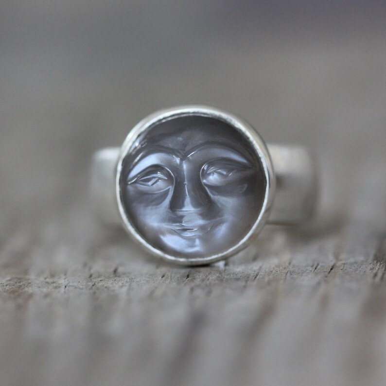 Moonstone Face Ring Gray Moonstone Ring With Smiling Carved Etsy