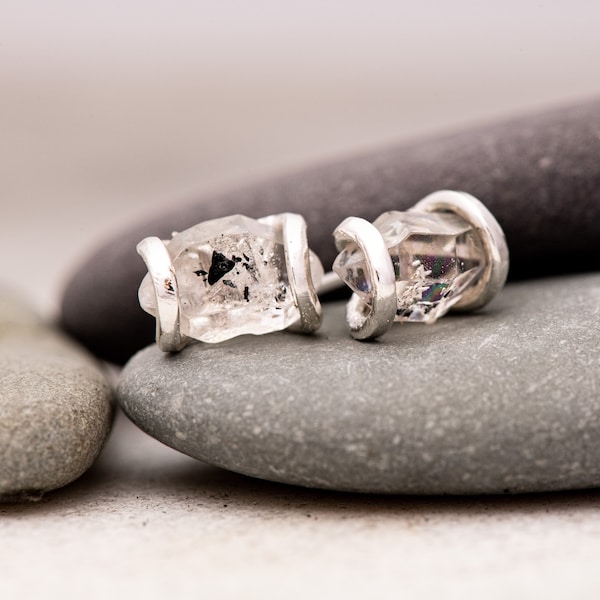 Raw Herkimer Diamond Stud Earrings • Natural Quartz Crystal 7-8 mm • Recycled Sterling Silver • April Birthstone • USA Handmade Gift