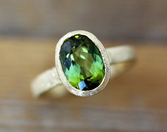 Green Tourmaline Ring in Brushed Band, 14k Yellow Gold Ring