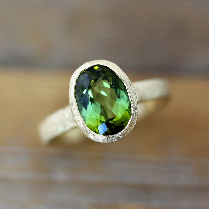 Green Tourmaline Ring in Brushed Band 14k Yellow Gold Ring Etsy