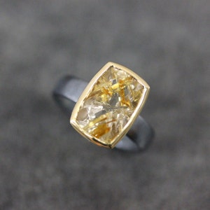 Golden Rutilated Quartz Cocktail Ring, Blackened Sterling Silver and 14k Yellow Gold